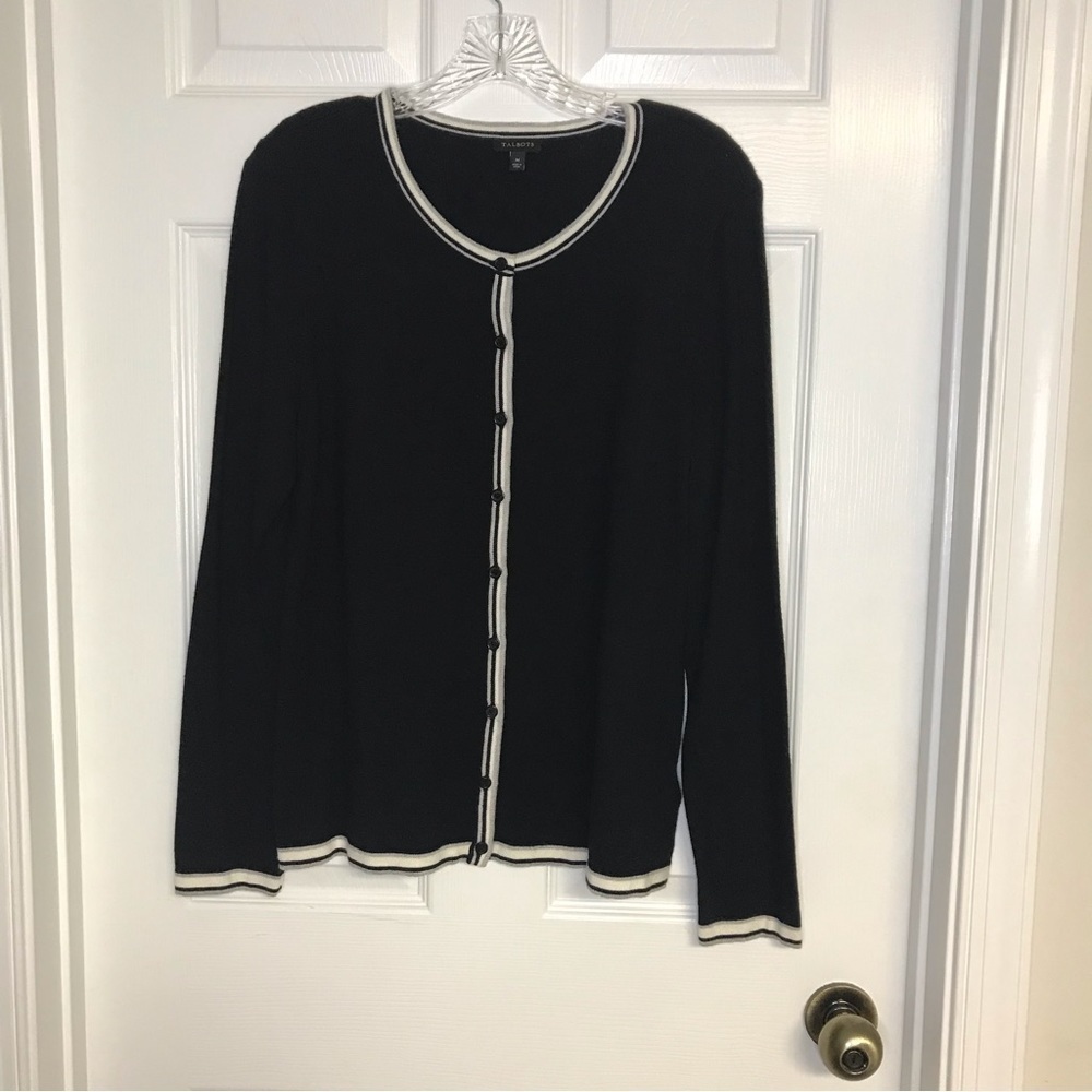 Talbots black cotton long sleeve cardigan white/black/gray trim edges & sleeves